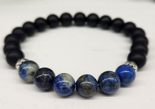Compassion and Strength Intention Bracelet - Lapis Lazulli and Black Obsidian Matte Finish Round Stretchable Bracelet 8mm