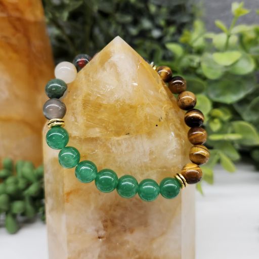 Abundance Intention Bracelet - Bloodstone, Green Jade and Yellow Tiger Eye Round Stretchable Bracelet 8mm