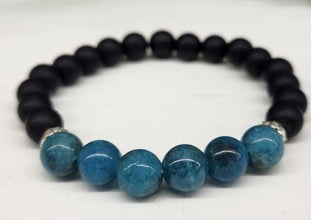 Spiritual Enlightenment - Blue Apatite and Black Obsidian Matte Finish Round Stretchable Bracelet 8mm