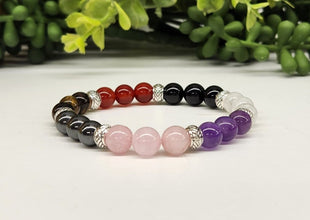 Addiction Recovery Intention Bracelet- Carnelian, Selenite, Rose Quartz, Amethyst, Hematite, Tiger Eye and Black Tourmaline Round Stretchable Bracelet 8mm