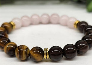 Releasing the Past Intention Bracelet- Rose Quartz, Smoky Quartz, and Yellow Tiger Eye with Gold Color Metal Beads Round Stretchable Bracelet 8mm