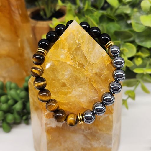 Triple Protection Intention Bracelet - Hematite, Tiger Eye and Black Obsidian Round Stretchable Bracelet 8mm