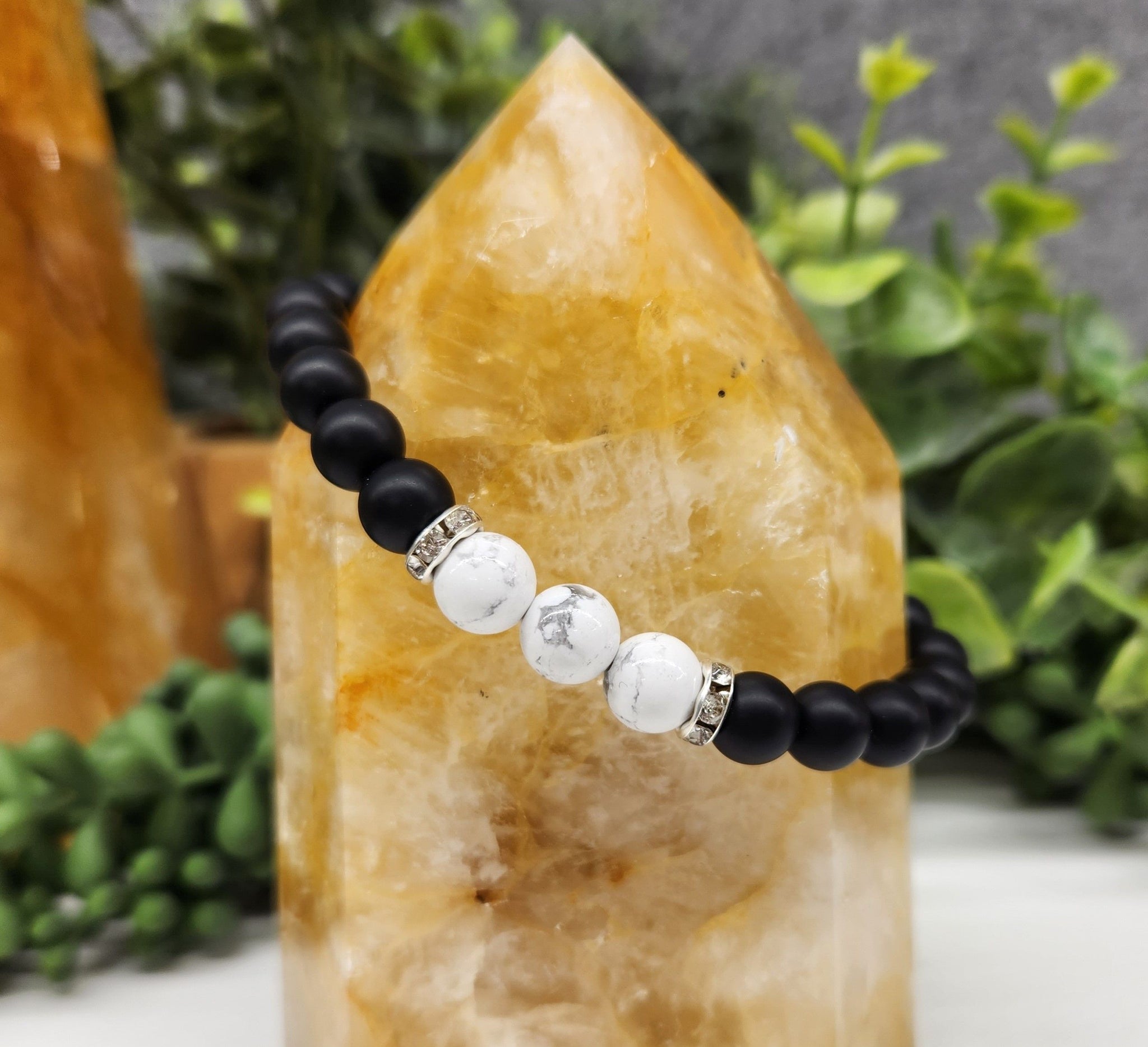 Emotional Healing Intention Bracelet- White Howlite and Black Obsidian Matte Round Stretchable Bracelet 8mm