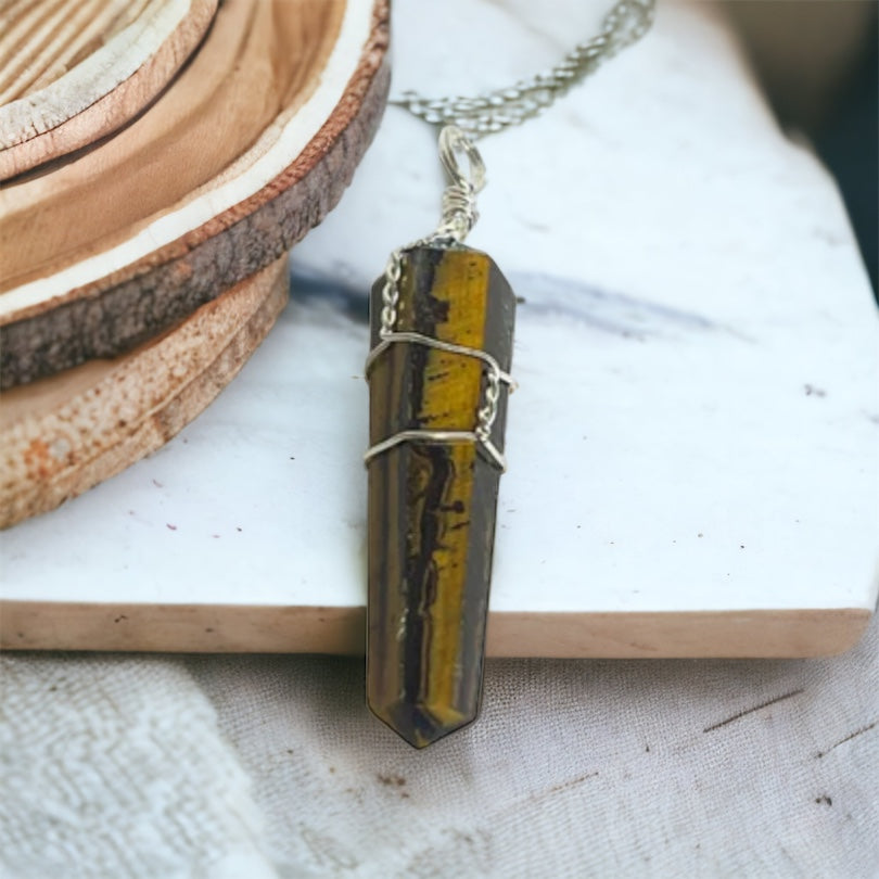 Tiger Eye 1 1/2" Wire Wrapped Point Pendant