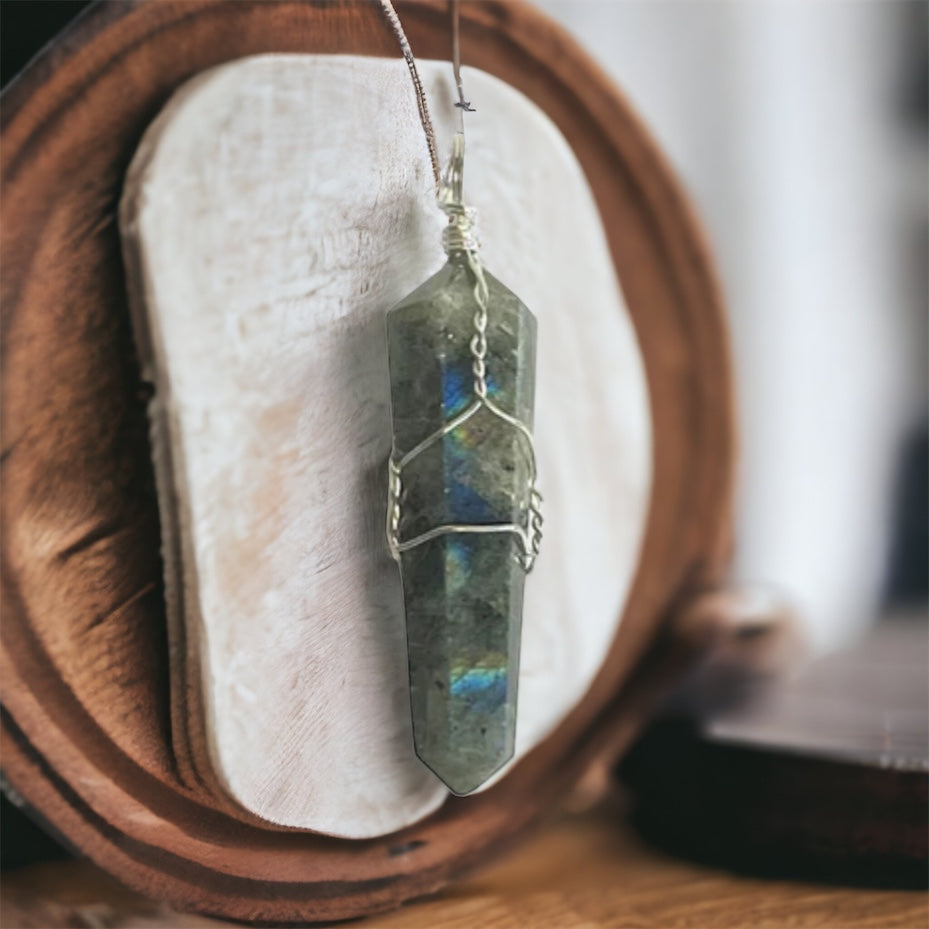 Labradorite 1 1/2" Wire Wrapped Point Pendant