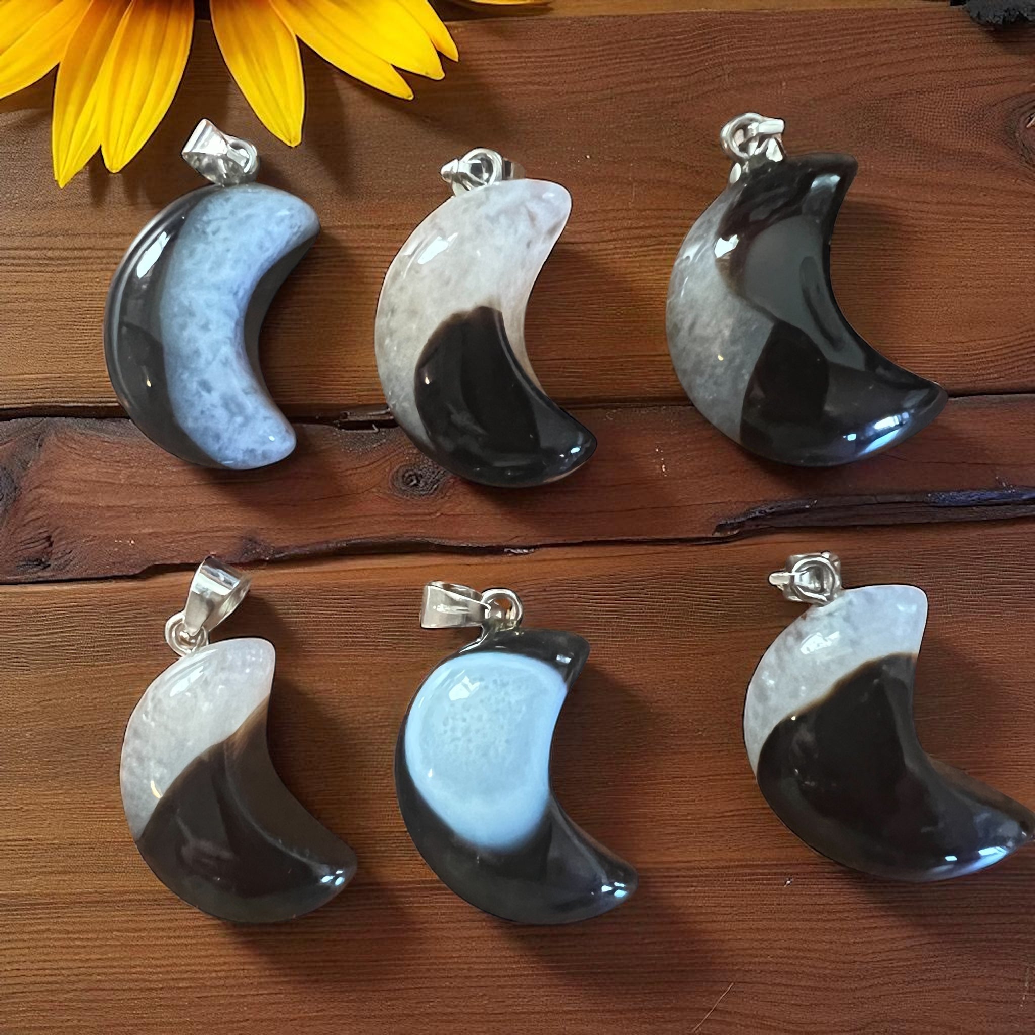 Black Agate Gemstone Moon Shaped Pendant