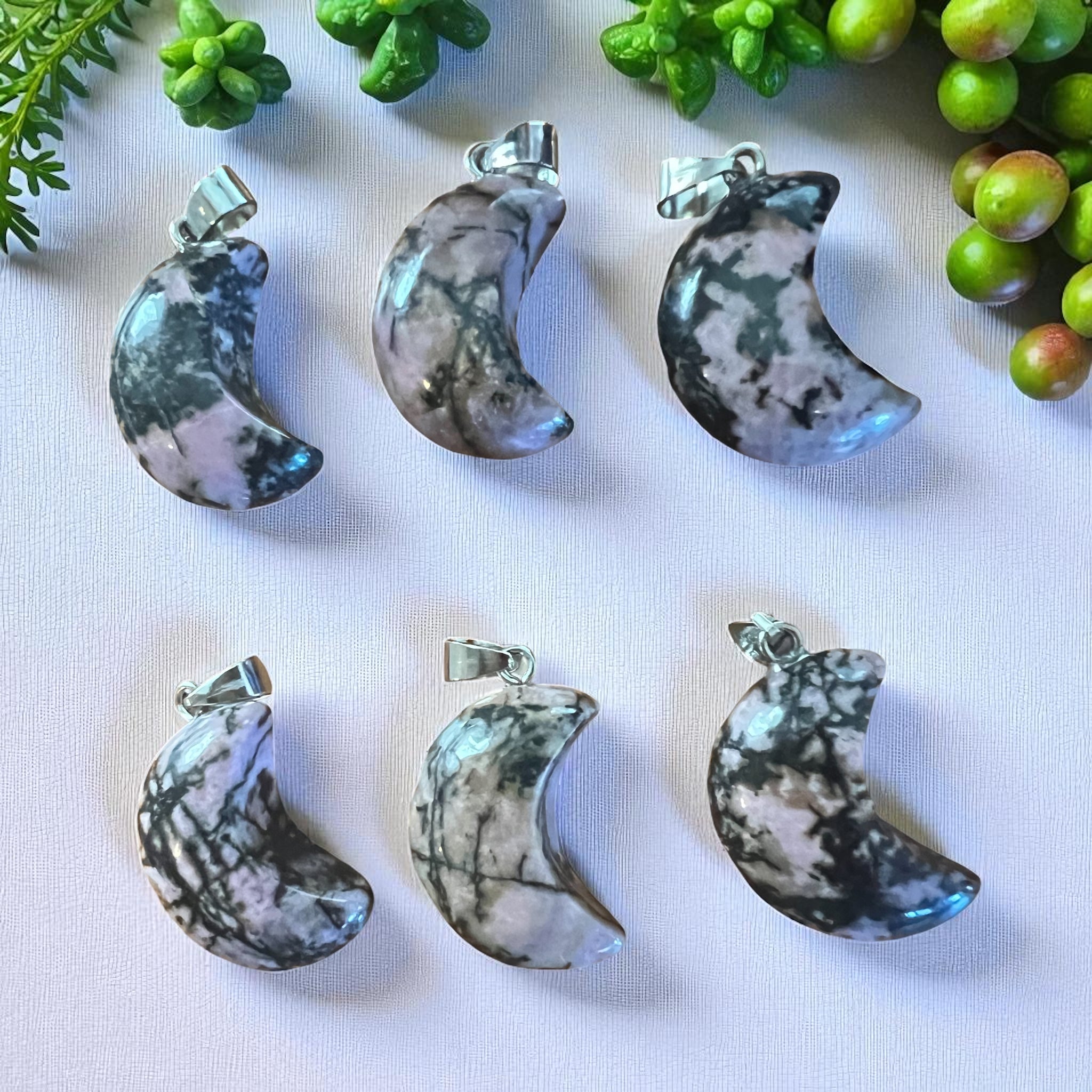 Moss Agate Gemstone Moon Shaped Pendant