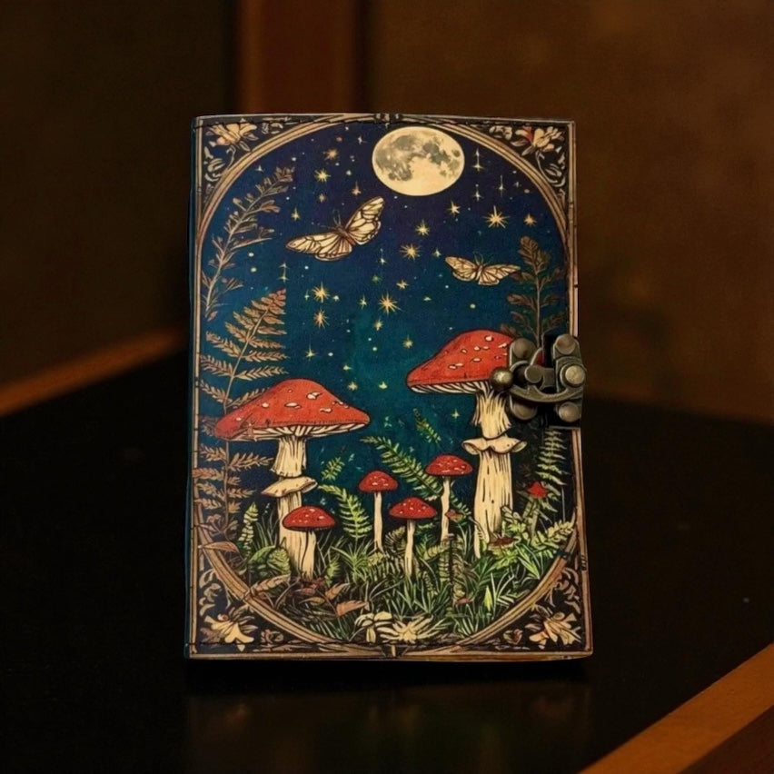 Moonlit Mushroom Meadow Leather Journal