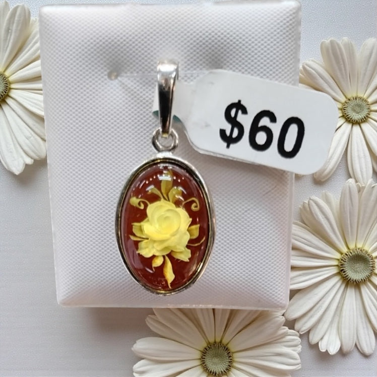 Etched Amber Pendant Sterling Silver