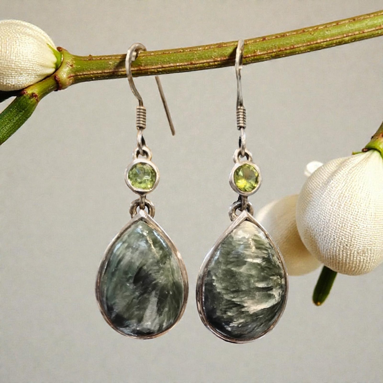 Seraphanite with Peridot Earrings Sterling Silver