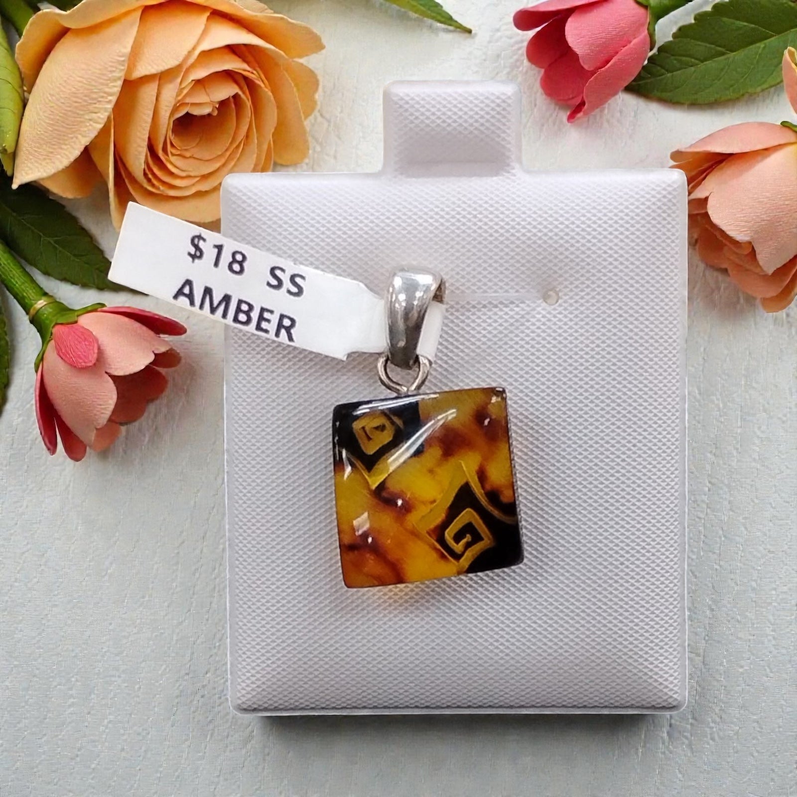 Etched Amber Pendant Sterling Silver