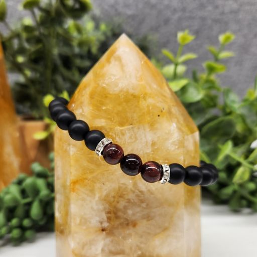 Courage & Confidence Intention Bracelet - Red Tiger Eye and Black Obsidian Matte Round Stretchable Bracelet 8mm