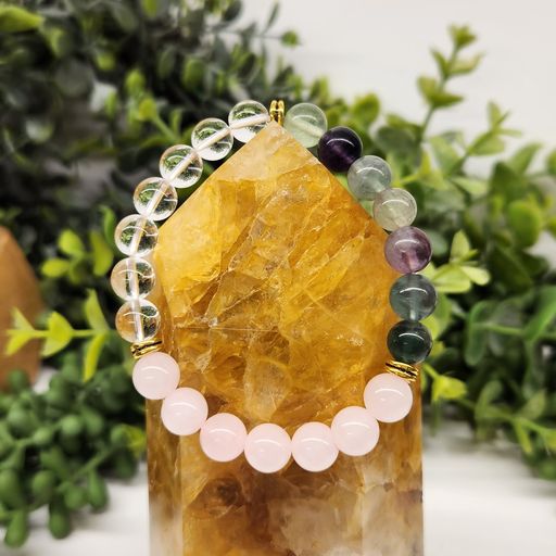 Inner Peace Intention Bracelet- Clear Quartz, Rainbow Fluorite, and Rose Quartz with Gold Color Metal Beads Round Stretchable Bracelet 8mm