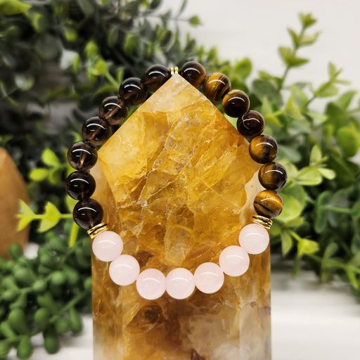 Releasing the Past Intention Bracelet- Rose Quartz, Smoky Quartz, and Yellow Tiger Eye with Gold Color Metal Beads Round Stretchable Bracelet 8mm