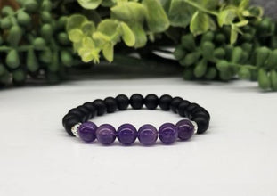 Self-Awareness - Amethyst and Matte Black Obsidian with Silver Color Metal Beads Round Stretchable Bracelet 8mm