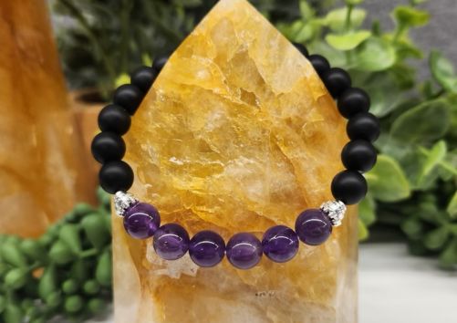 Self-Awareness - Amethyst and Matte Black Obsidian with Silver Color Metal Beads Round Stretchable Bracelet 8mm