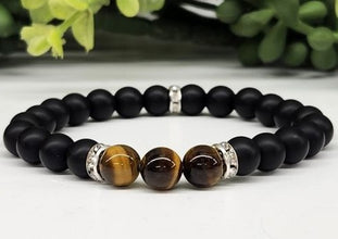 Divine Protection - Yellow Tiger Eye and Black Obsidian Matte Round Stretchable Bracelet 8mm