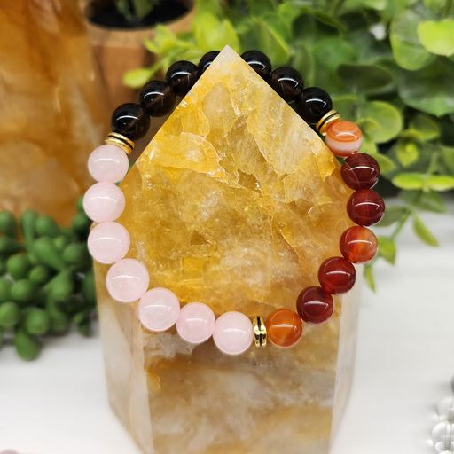 Grief & Loss Intention Bracelet - Banded Carnelian, Rose Quartz and Smokey Quartz Round Stretchable Bracelet 8mm