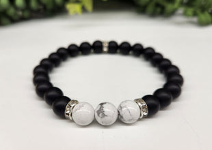 Emotional Healing Intention Bracelet- White Howlite and Black Obsidian Matte Round Stretchable Bracelet 8mm