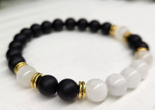 Black Obsidian-Matte and Selenite with Gold Color Metal Beads Round Stretchable Bracelet 8mm