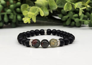 Wisdom and Self-Confidence Intention Bracelet - Bloodstone and Black Obsidian Matte Round Stretchable Bracelet 8mm