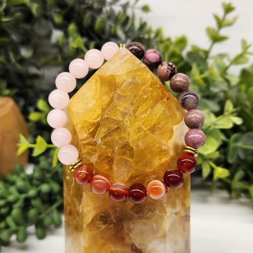 Self Love Intention Bracelet- Rose Quartz, Banded Carnelian, and Rhodonite Round Stretchable Bracelet 8mm