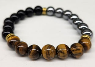 Triple Protection Intention Bracelet - Hematite, Tiger Eye and Black Obsidian Round Stretchable Bracelet 8mm