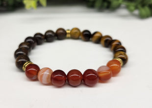 Depression Support  Intention Bracelet - Yellow Tiger Eye, Banded Carnelian and Bronzite Round Stretchable Bracelet 8mm