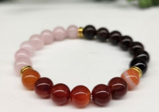Grief & Loss Intention Bracelet - Banded Carnelian, Rose Quartz and Smokey Quartz Round Stretchable Bracelet 8mm