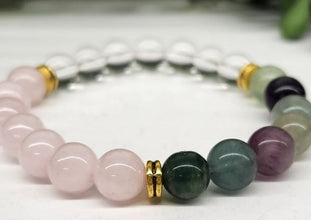 Inner Peace Intention Bracelet- Clear Quartz, Rainbow Fluorite, and Rose Quartz with Gold Color Metal Beads Round Stretchable Bracelet 8mm