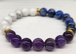 Mental Clarity Intention Bracelet - White Howlite, Lapis, Amethyst with Gold Color Metal Beads Round Stretchable Bracelet 8mm