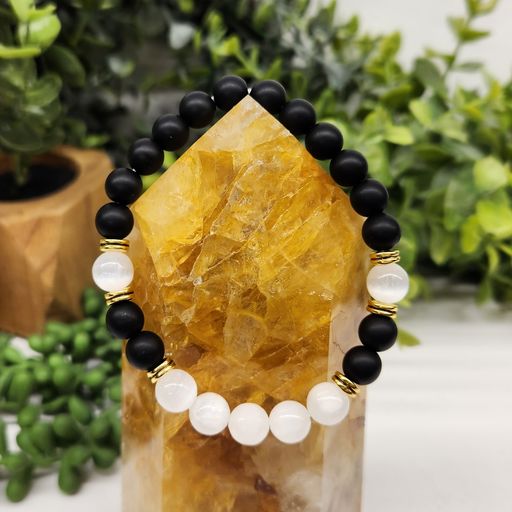 Black Obsidian-Matte and Selenite with Gold Color Metal Beads Round Stretchable Bracelet 8mm