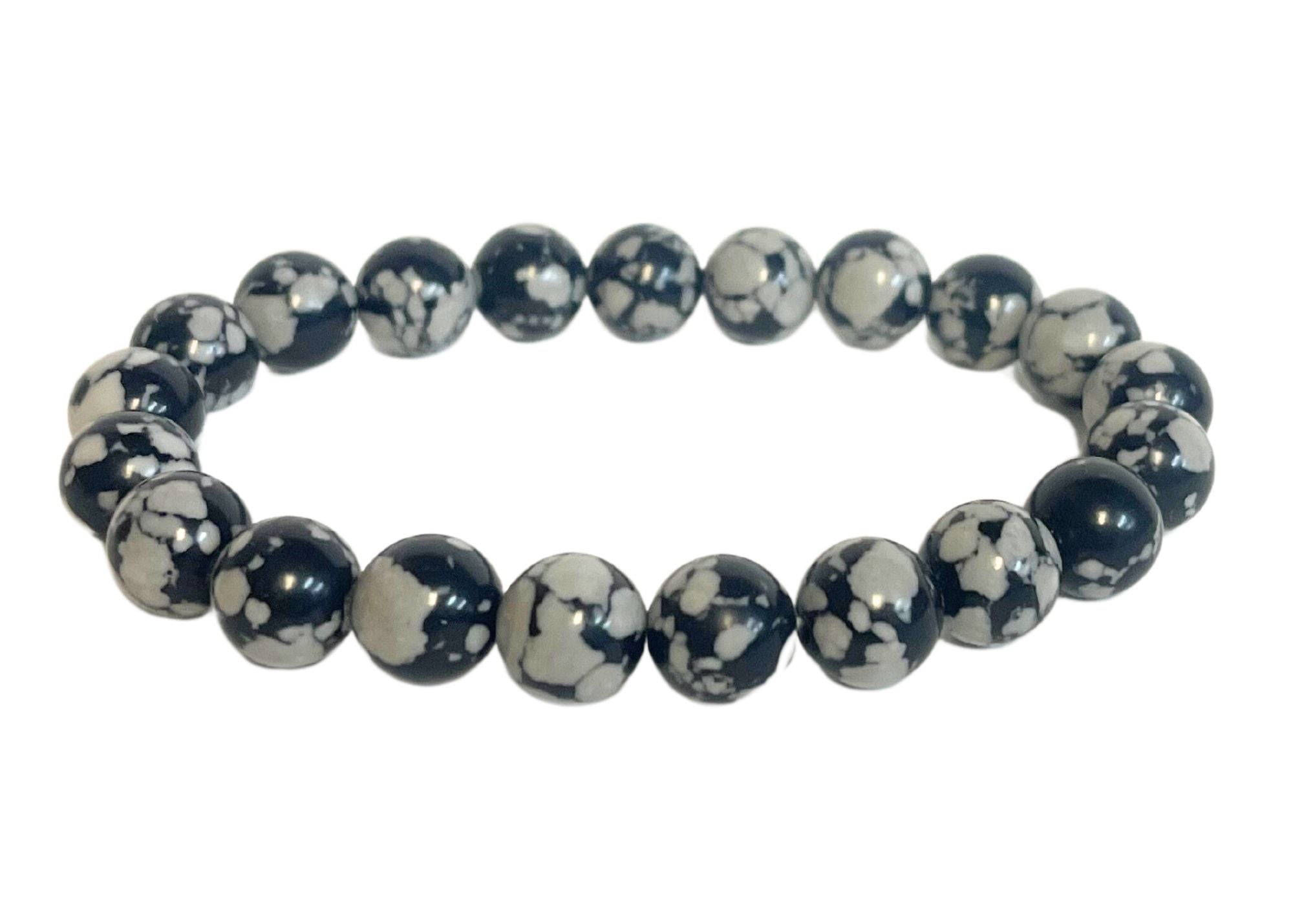 Men's Snowflake Obsidian Round Gemstone Stretch Bracelet