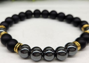 Self Esteem & Will Power Intention Bracelet - Black Obsidian-Matte, and Hematite with Gold Color Metal  Round Stretchable Bracelet 8mm