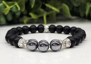 Pain Relief Intention Bracelet - Terahertz and Matte Black Obsidian with Silver Color Metal Beads Round Stretchable Bracelet 8mm