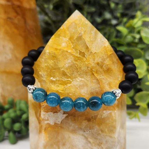 Spiritual Enlightenment - Blue Apatite and Black Obsidian Matte Finish Round Stretchable Bracelet 8mm