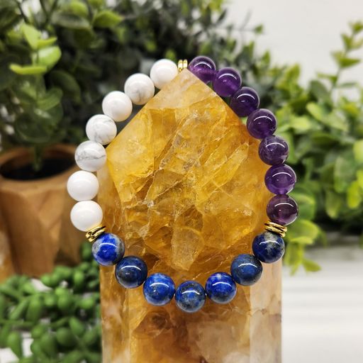 Mental Clarity Intention Bracelet - White Howlite, Lapis, Amethyst with Gold Color Metal Beads Round Stretchable Bracelet 8mm