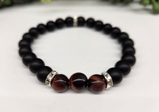 Courage & Confidence Intention Bracelet - Red Tiger Eye and Black Obsidian Matte Round Stretchable Bracelet 8mm
