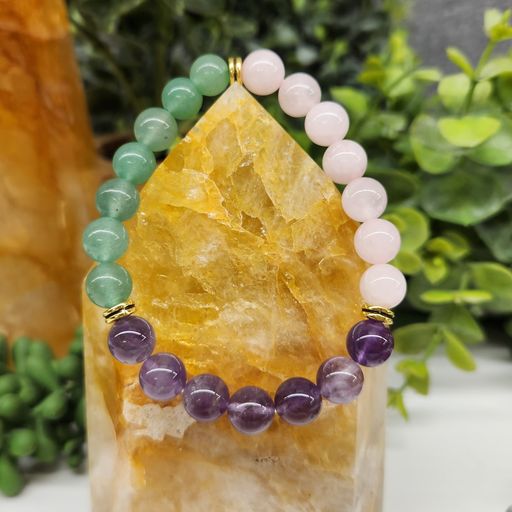 Fertility Intention Bracelet- Rose Quartz, Amethyst and Green Aventurine Round Stretchable Bracelet 8mm