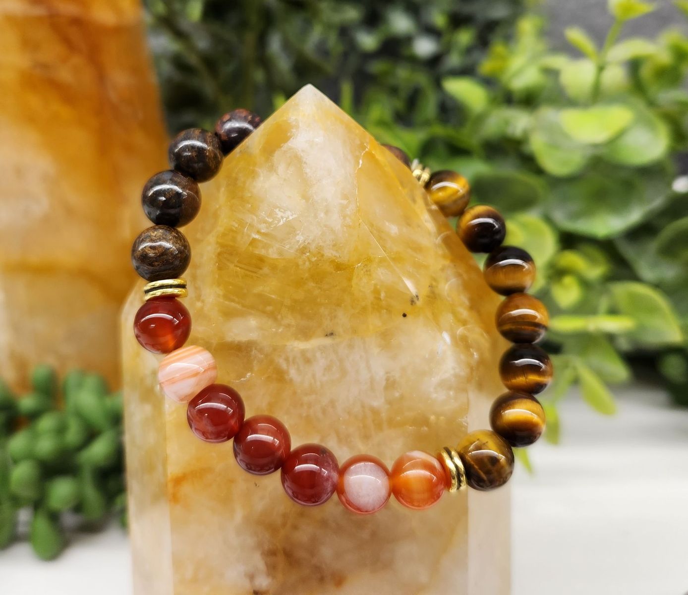 Depression Support  Intention Bracelet - Yellow Tiger Eye, Banded Carnelian and Bronzite Round Stretchable Bracelet 8mm