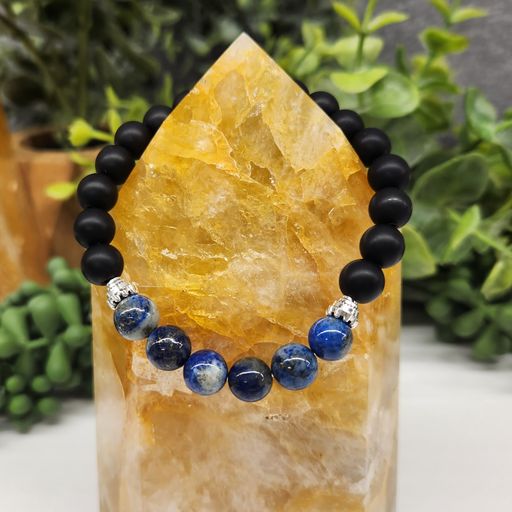 Compassion and Strength Intention Bracelet - Lapis Lazulli and Black Obsidian Matte Finish Round Stretchable Bracelet 8mm