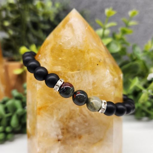 Wisdom and Self-Confidence Intention Bracelet - Bloodstone and Black Obsidian Matte Round Stretchable Bracelet 8mm