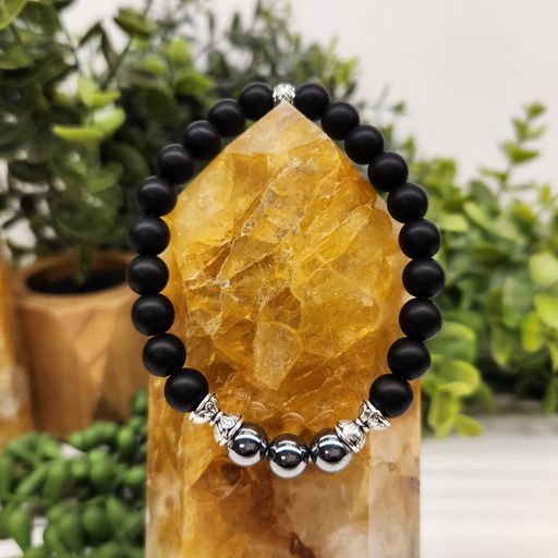 Pain Relief Intention Bracelet - Terahertz and Matte Black Obsidian with Silver Color Metal Beads Round Stretchable Bracelet 8mm